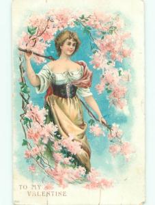 Pre-Linen Valentine PRETTY WOMAN WITH PINK FLOWERING TREE AB2907