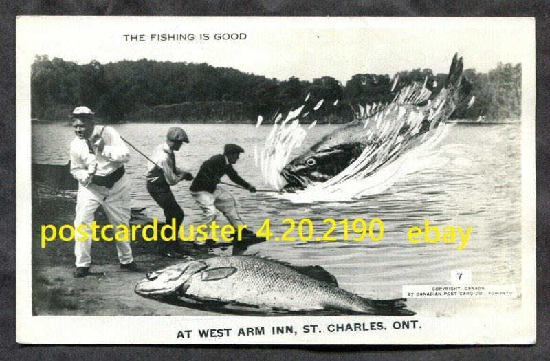 h3487- ST CHARLES Ontario 1940s Exaggeration Fishing Real Photo Postcard Fantasy