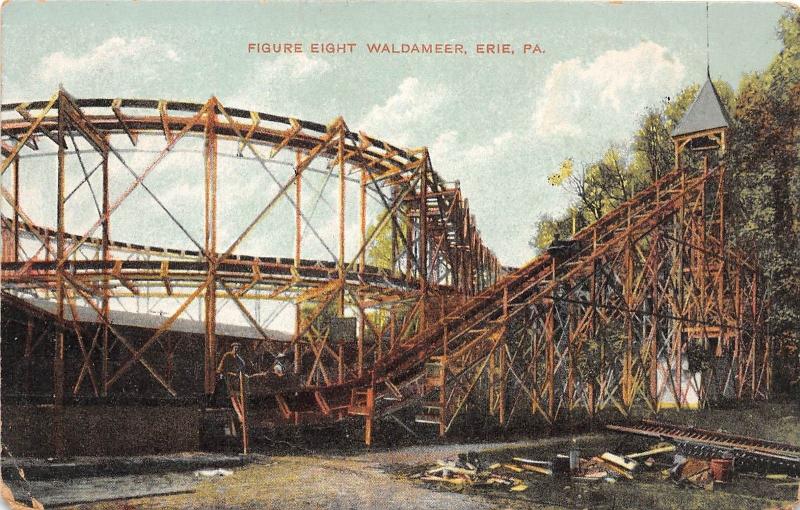 D72/ Erie Pennsylvania Postcard Entrance Waldameer Park Figure8 Roller Coaster 2