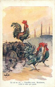 Comic rooster money bags cart animals fantasy early comic postcard