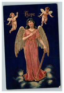 Vintage 1910's Postcard Cute Child Angels Mother Angel Pink Robe Gold Lined