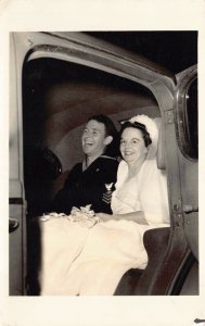 Real Photo Postcard Navy Sailor and His Bride in the Backseat of a Car~128992