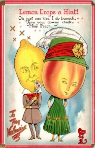 Valentine's Day Postcard Lemon Headed Man Drops a Hint Peach Headed Woman