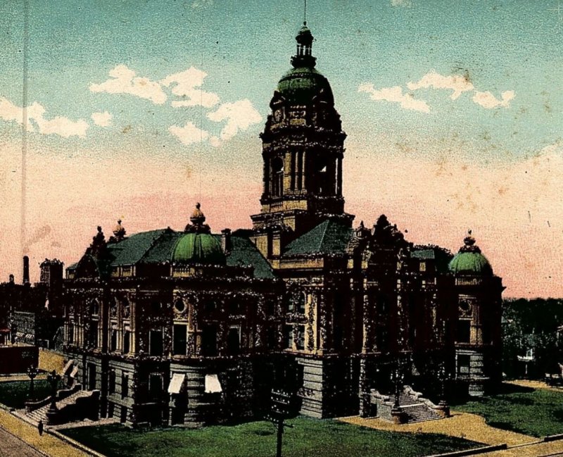 c1909 EVANSVILLE INDIANA COURT HOUSE GLITTER TINSEL UNPOSTED POSTCARD 25-129