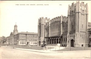 Lewiston, ME Maine  HIGH SCHOOL & ARMORY  Vintage American Art B&W Postcard