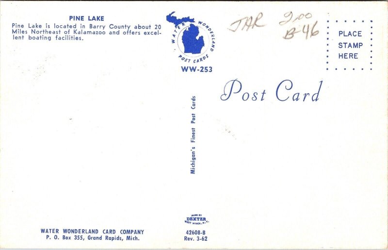 Pine Lake Barry County 20 Mile NE Kalamazoo Postcard UNP VTG Dexter Unused 