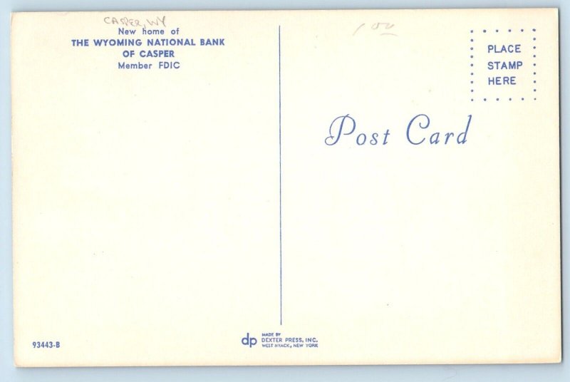 Casper Wyoming Postcard New Home National Bank FDIC Exterior View c1960 Vintage