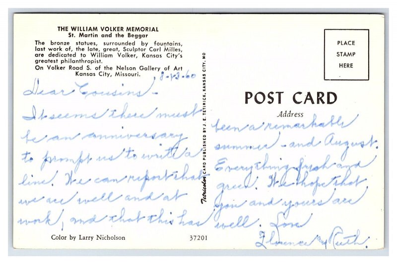 The William Volker Memorial St. Martin & The Beggar Kansas City MO Postcard
