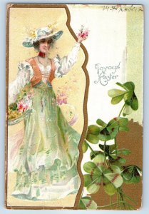 1906 Easter Pretty Woman With Flowers Clover Buffalo New York NY Posted Postcard