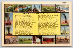 Down In Oklahoma~Poem~Oil Well Mining Scenes~Refinery~Smoke~Linen 1940s Postcard