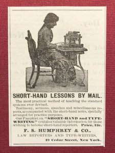 1884 Victorian Original Print Ad Short-Hand Lessons by Mail N.Y. 2V1-27