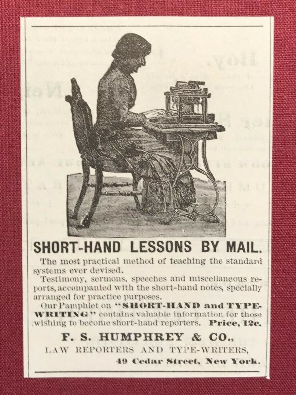 1884 Victorian Original Print Ad Short-Hand Lessons by Mail N.Y. 2V1-27