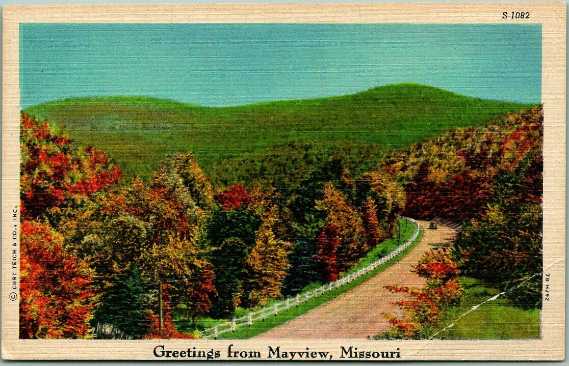 Vintage 1940s MAYVIEW, Missouri Postcard "Greetings" Road Highway View