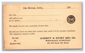 Vintage 1930's Appointment Postcard Schmitt & Henry MFG Company Des Moines Iowa