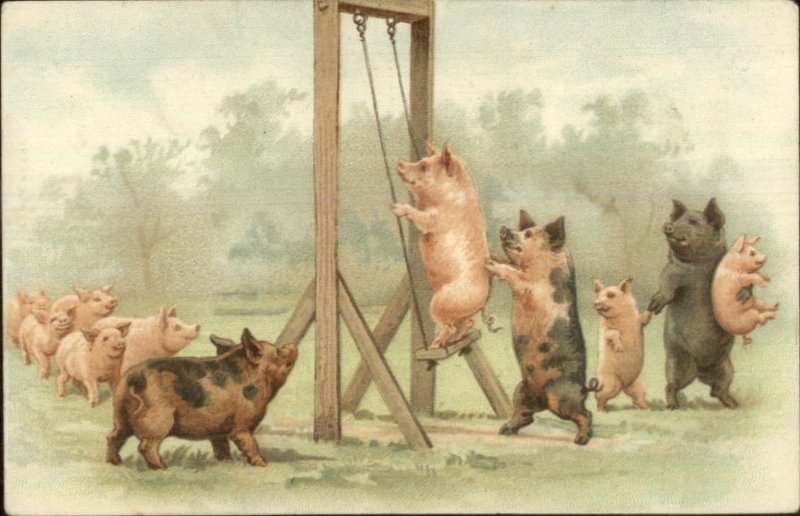 Pig Fantasy Playground Swing Anthropomorphic c1905 Postcard