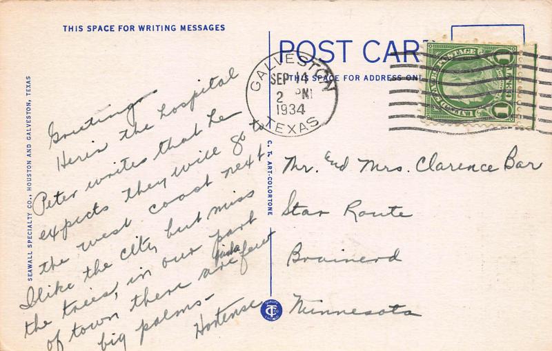 U.S. Marine Hospital, Galveston, Texas, Early Linen Postcard, Used in 1934