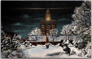 Rochester MN-Minnesota, Mayo Clinic at Night Statue Snow Scene, Vintage Postcard