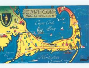 Pre-1980 CAPE COD MAP ON POSTCARD Provincetown & Hyannis & Dennis MA E7668