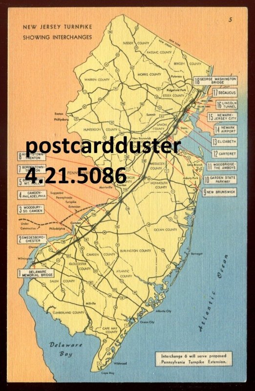 h1131 - NEW JERSEY Postcard 1940s Turnpike Highway Map