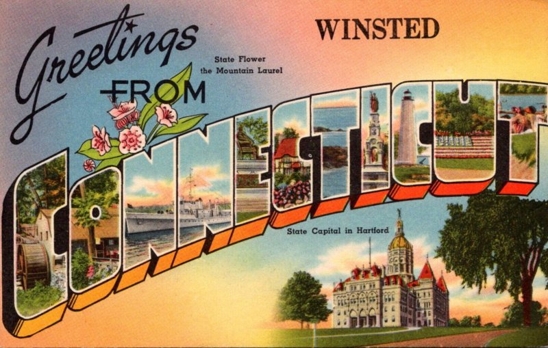 Connecticut Greetings From Winsted Large Letter Linen