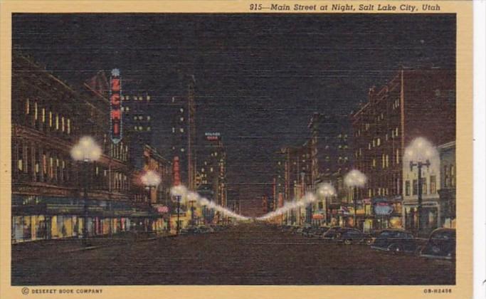 Utah Salt Lake City Main Street At Night Curteich