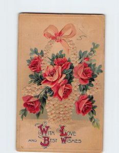 Postcard With Love And Best Wishes with Roses Flowers Basket Embossed Art Print