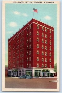 c1940 Hotel Dayton & Restaurant Building Classic Car Kenosha Wisconsin Postcard