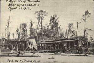 Tornado Damage Near Syracuse NY Trolley Cars Railroad Disaster Postcard 1912