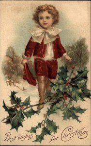 Christmas Little Victorian Boy in Beautiful Red Suit c1910 Vintage Postcard