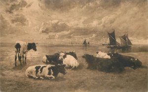 Mouth of the Scheldt River cows, Alfred Verwee Belgian painter fine art postcard
