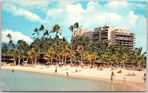 1969 Hilton Hawaiian Village Adventure Sunny Waikiki Beach Honolulu HI Postcard