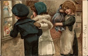 Nister No 568 Christmas Kids Look in Toy Store Window c1910 Postcard