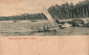 Vintage Postcard After The Days Ships and Sailboats Harbour Ceylon Sri Lanka