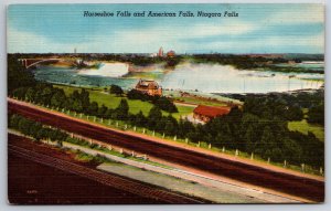 Niagara Falls NY~Aerial Horseshoe Falls & American Falls~Vintage Linen Postcard