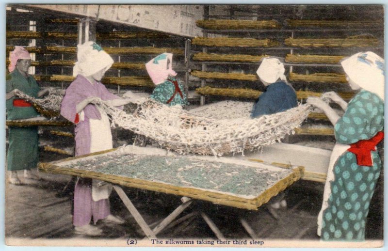 JAPAN ~ Japanese Women SILKWORMS TAKING THIRD SLEEP c1910s Handcolored Postcard