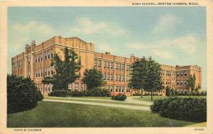 Vintage Linen Postcard High School Benton Harbor MI Berrien County posted