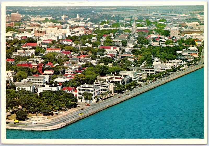 VINTAGE CONTINENTAL SIZE POSTCARD AERIAL VIEW EAST BATTERY CHARLESTON S.CAROLINA