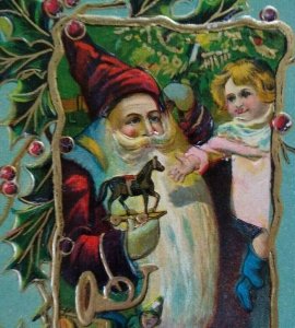 Santa Claus Christmas Postcard Old World  Long Beard Toy Horse Embossed
