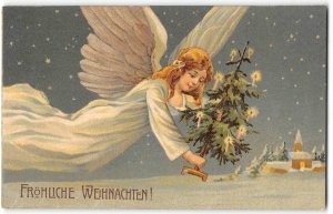 Angel & Tree CHRISTMAS GREETINGS Embossed Antique Postcard 1910 German Stamp