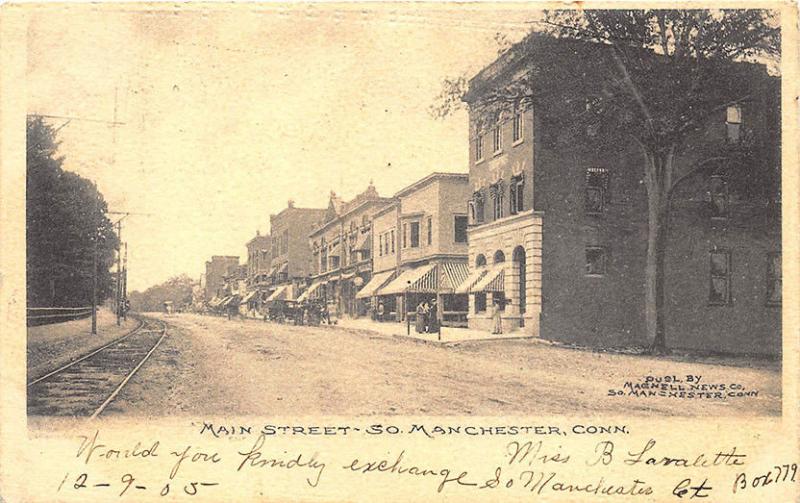 So. Manchester CT Main Street Store Fronts Trolley Tracks in 1905 Postcard