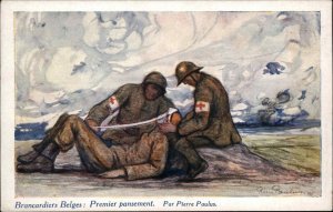 Red Cross Soldiers Tend Wounded Brancardiers Belges WWI Belgium Postcard #1