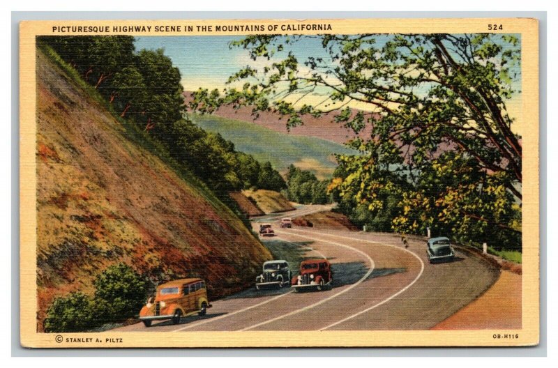 Vintage 1940's Postcard Antique Cars on the Highway Mountains of California