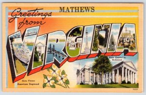 1940-50's GREETINGS FROM MATHEWS VIRGINIA VINTAGE LARGE LETTER LINEN POSTCARD
