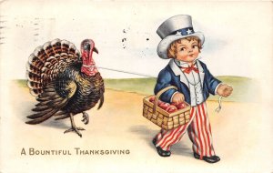 J52/ Patriotic Postcard c1910 Child Uncle Sam Turkey Thanskgiving 165