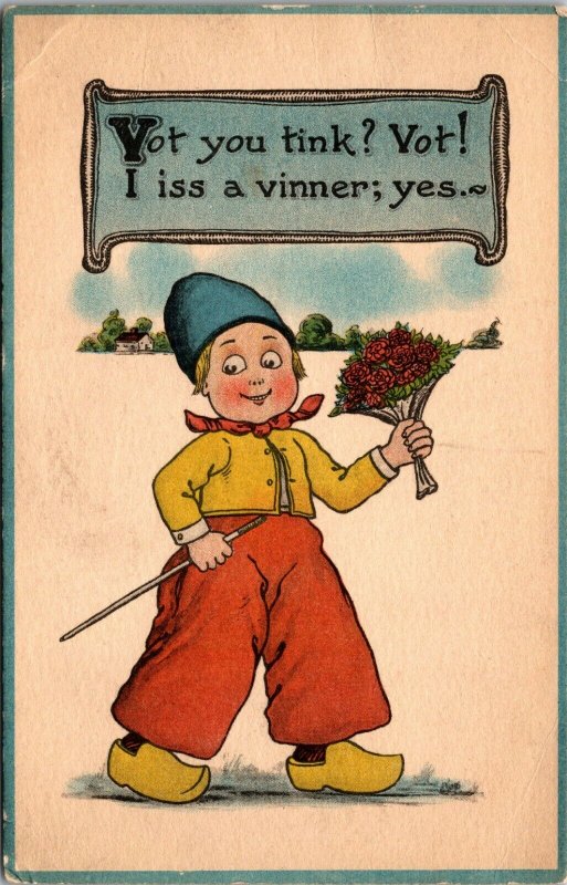 Vintage Dutch Kids Romance Postcard Boy w/ Flowers I Iss a Vinner; Yes c1914