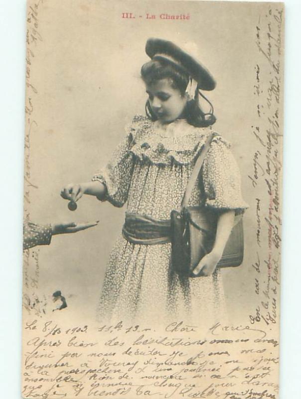 foreign 1903 Fashion Postcard FRENCH GIRL WITH ANTIQUE HANDBAG PURSE AC3228