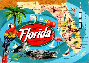 Greetings from Florida Postcard Map Space Shuttle Parrot Oranges Flamingo 1991