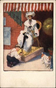 Shoe Shine Boy with Beautiful Woman and Dog c1910 Vintage Postcard