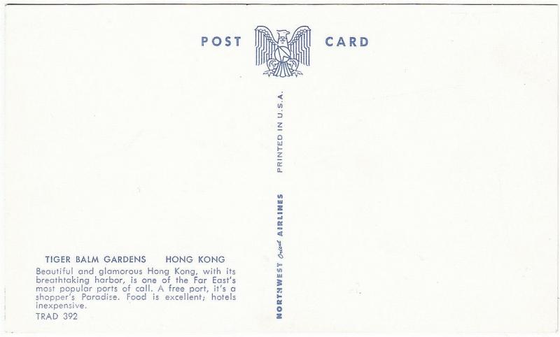 Hong Kong Tiger Balm Garden Northwest Orient Airlines 1950s Airline Postcard