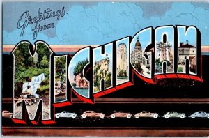 1940s Large Letter Greetings from Michigan Old Cars Postcard